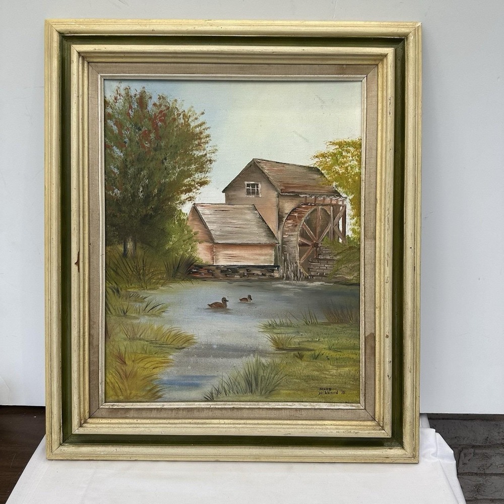 Vintage '75 Oil Painting Mary Hibbard–‎ Old Barn Water Wheel Ducks Framed 26x22"